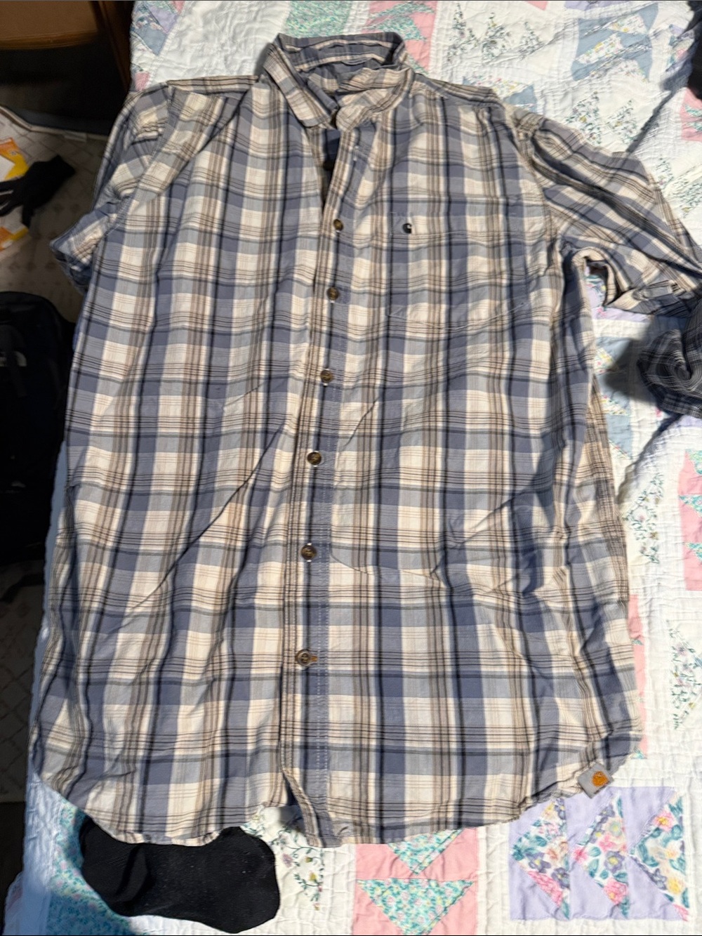 Carhartt Men's Blue and Cream Plaid Button-Down Shirt
